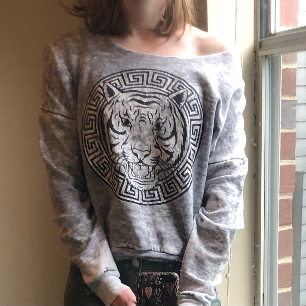 Grey tiger off the shoulder shirt